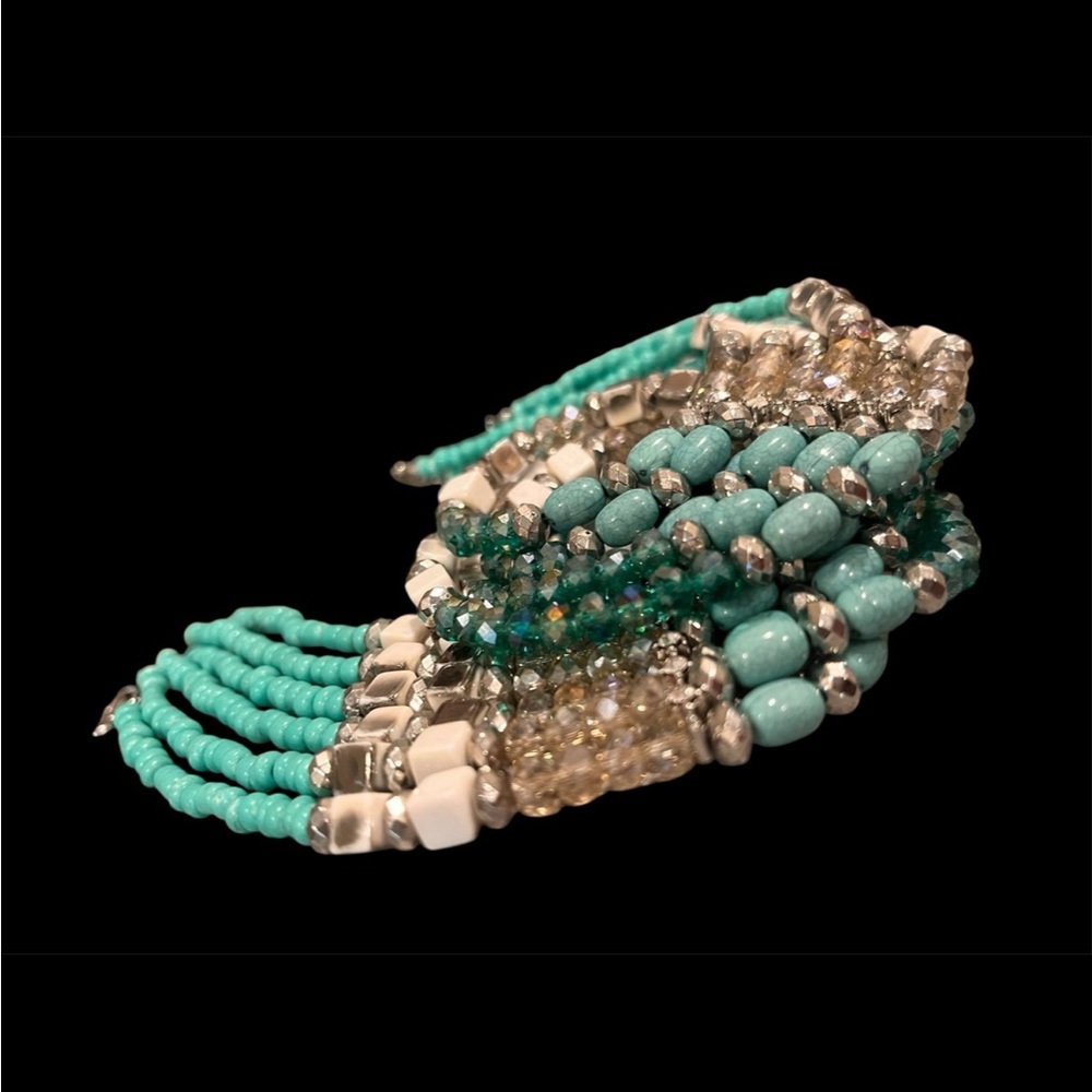 N128 Vintage Egyptian Revival Turquoise and Silver Beaded Bib Necklace - Picture 5 of 10